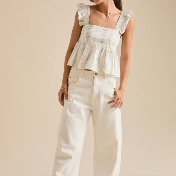 Altar'd State Cream & Blue Floral Print Flutter Sleeve Blouse with Tie Back. #MP - Picture 3 of 8